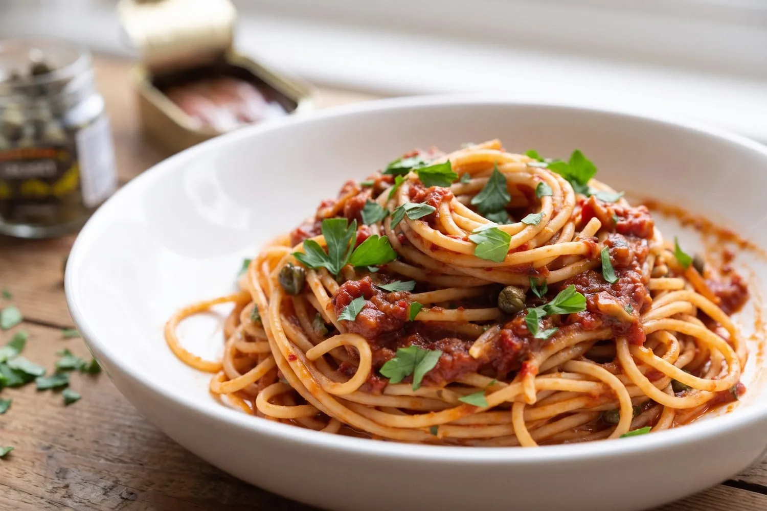 Anchovy, Tomato and Caper Spaghetti