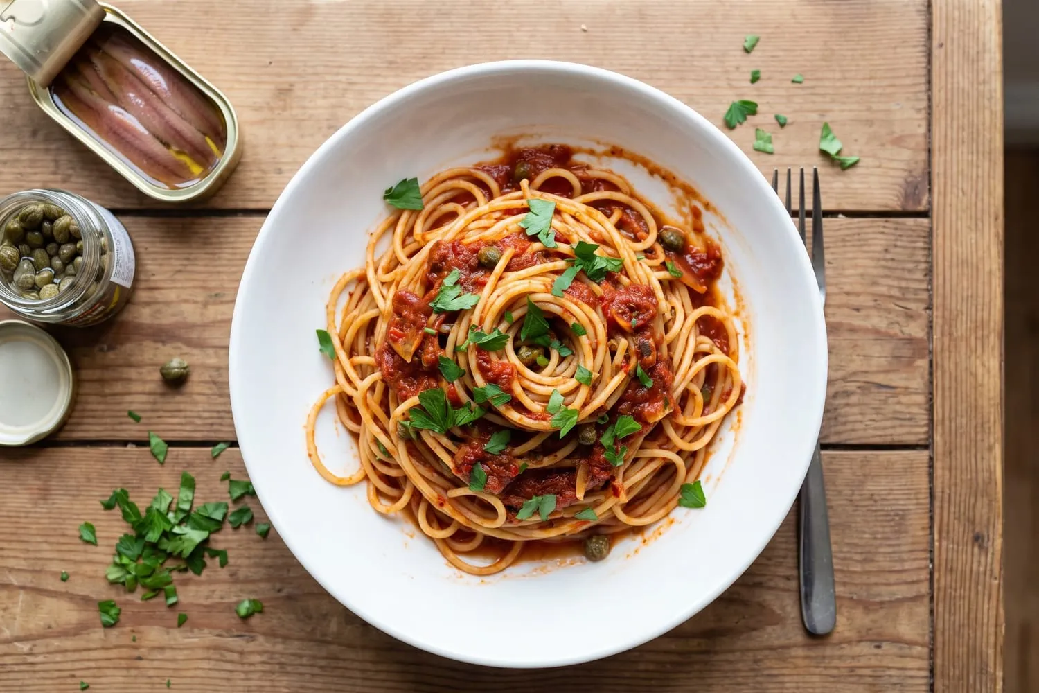 Anchovy, Tomato and Caper Spaghetti