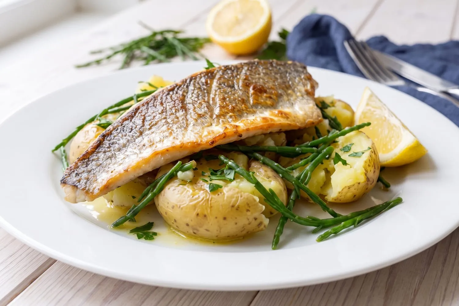 Pan-Fried Sea Bass with Crushed New Potatoes and Samphire