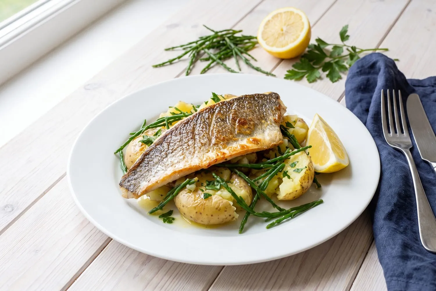 Pan-Fried Sea Bass with Crushed New Potatoes and Samphire