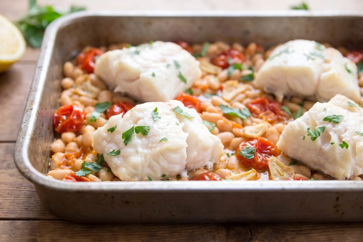 Roast Pollock with White Beans and Tomatoes