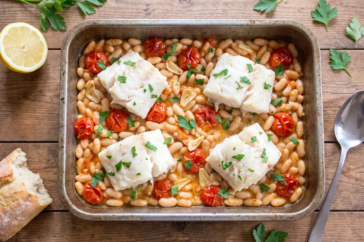 Roast Pollock with White Beans and Tomatoes