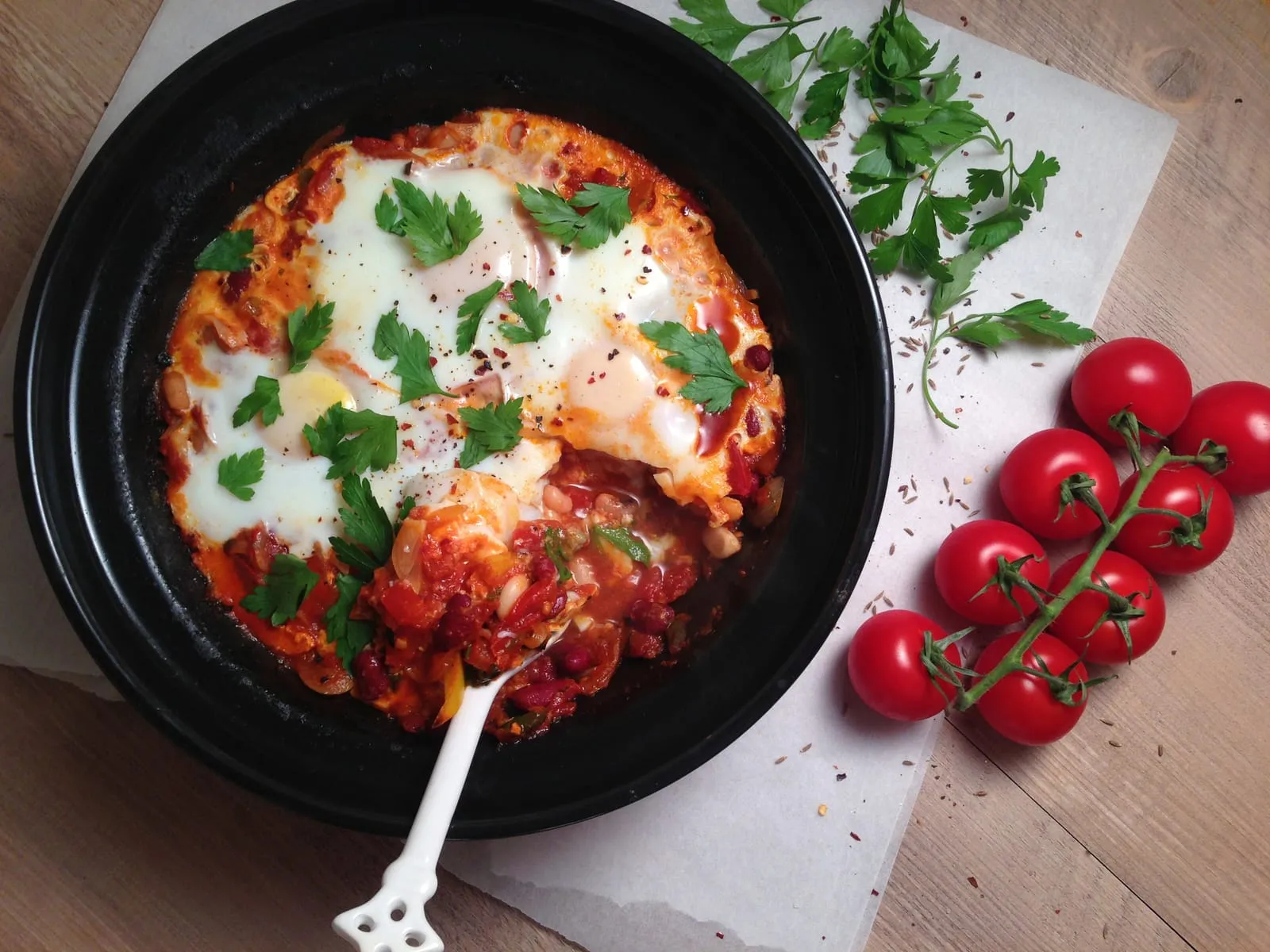 Three Bean Tagine with Baked Eggs
