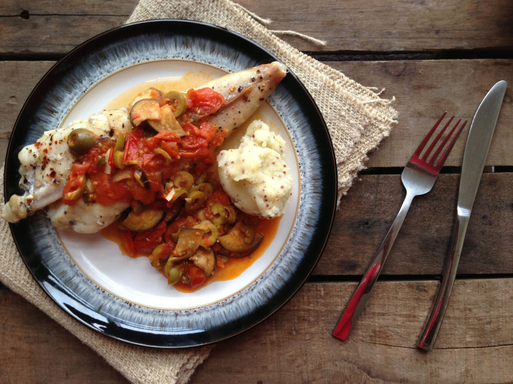 Grilled Monkfish Tail in a Tomato & Aubergine Sauce with Mustard Mash Potato