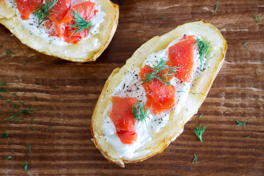 Smoked salmon potato skins